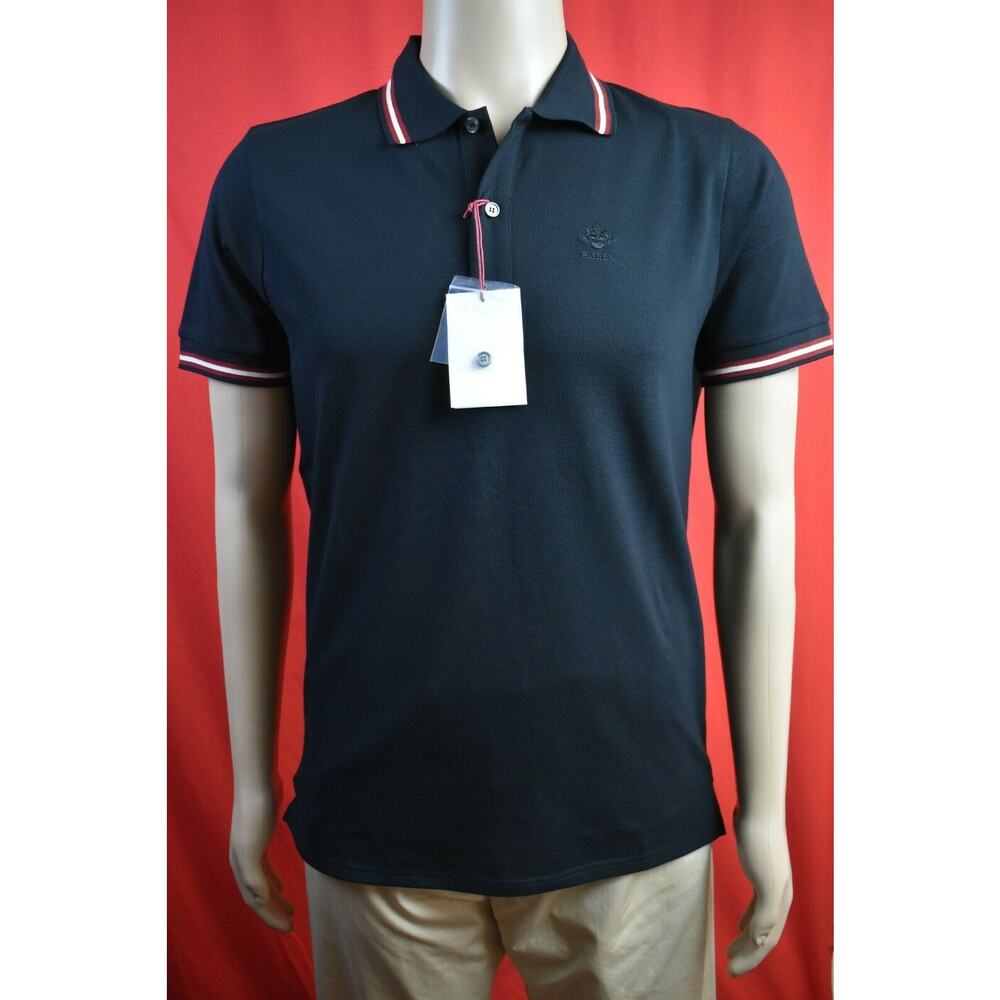 NEW MEN'S BALLY BLACK COTTON PIQUET WEB COLLAR BUTTON LOGO POLO SHIRT 48 38